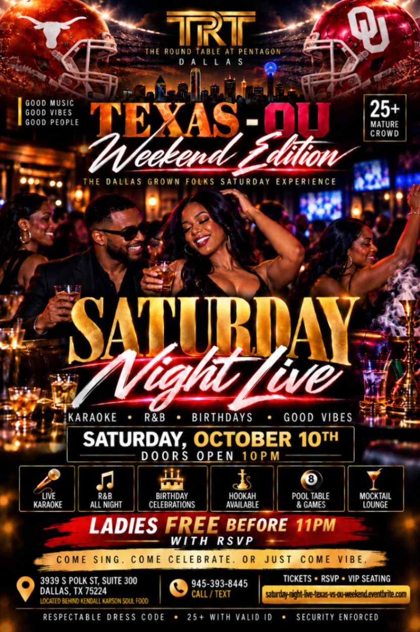 Saturday Night Live: Texas–OU Weekend Edition flyer for Saturday, October 10, 2026 at The Round Table at Pentagon