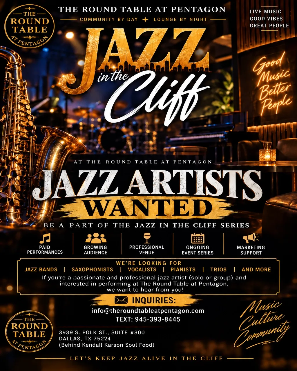 Jazz artists wanted casting-call flyer for The Round Table at Pentagon